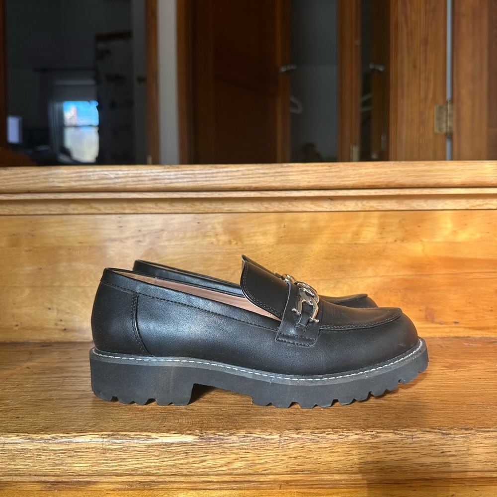 Black Faux Leather Loafers with Buckle Detail